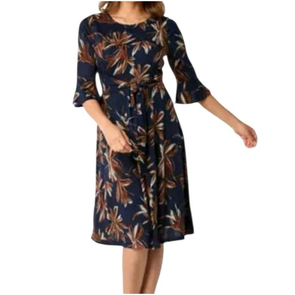 R&K Women's Size 14 Dress Midi Shift Blue Brown Floral Half Sleeve Fall - Picture 1 of 14